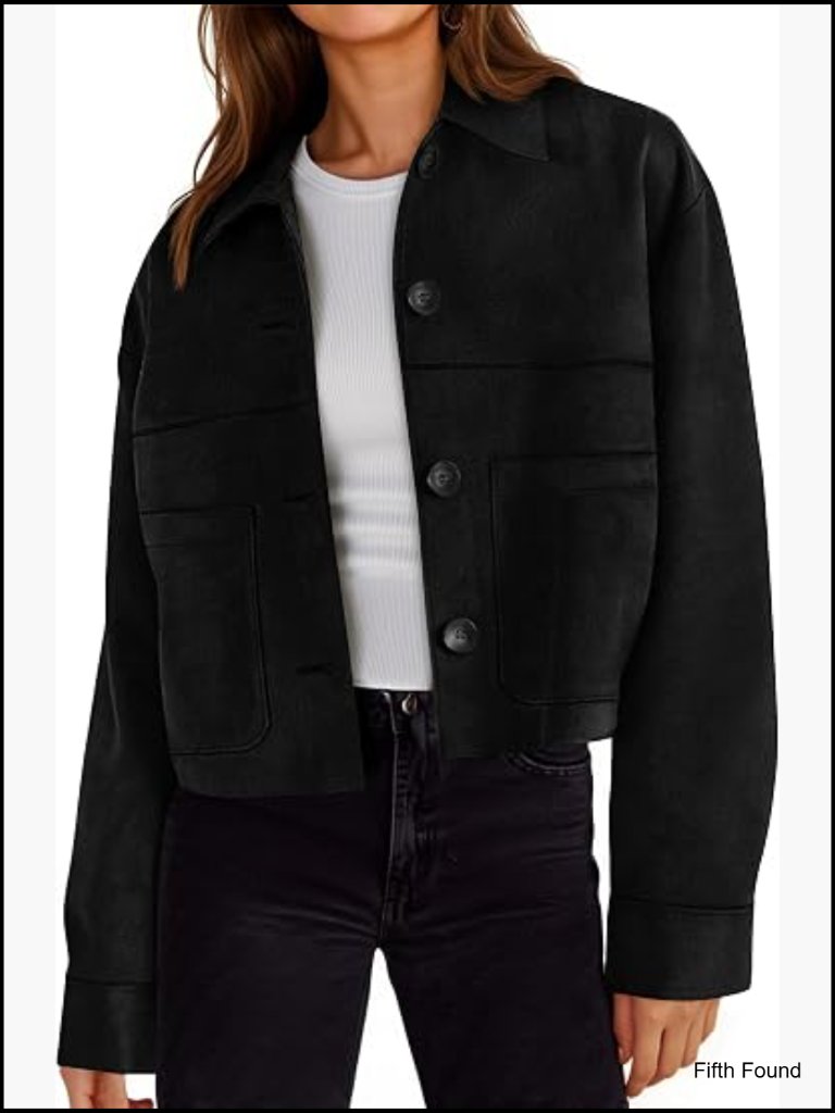Cropped Faux Suede Jacket Lapel Collar Button Down Short Coat